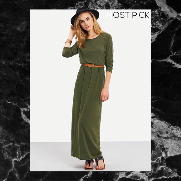 ARMY GREEN LONG SLEEVE POCKETS MAXI DRESS - Picture 2 of 5